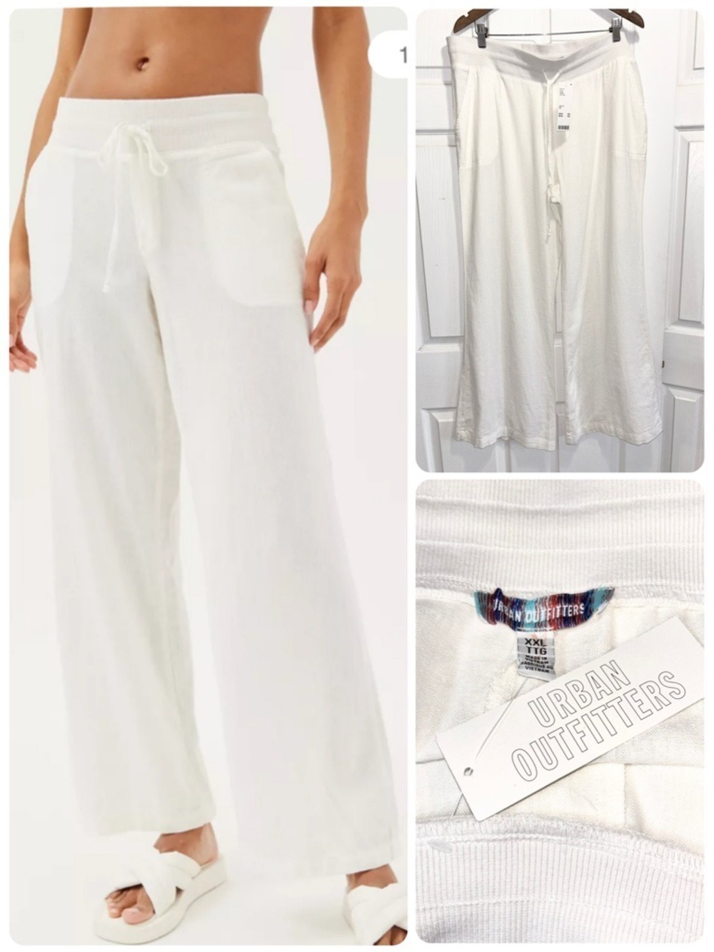NWT Urban Outfitters White Costa Linen Blend Pants Wide Flare Leg Pull On Sz XXL
